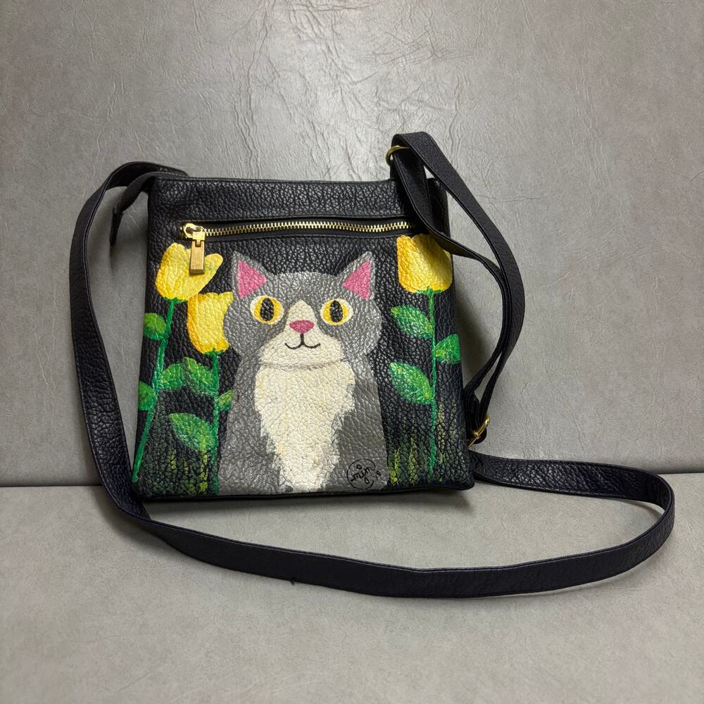One-Of-A-Kind Hand Painted Gray Cat With Yellow Tulips On Black Crossbody Bag